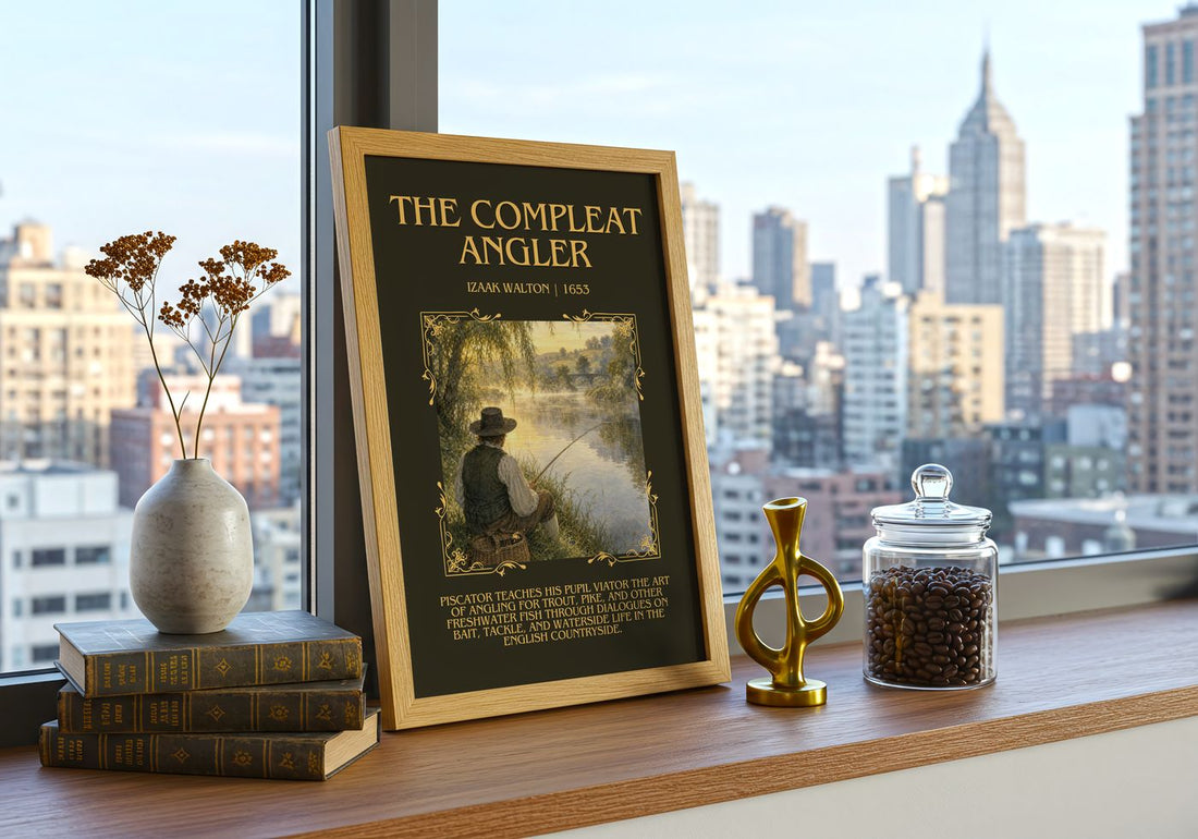 The Compleat Angler Minimalist Book Poster by Izaak Walton – framed print on a city-view windowsill