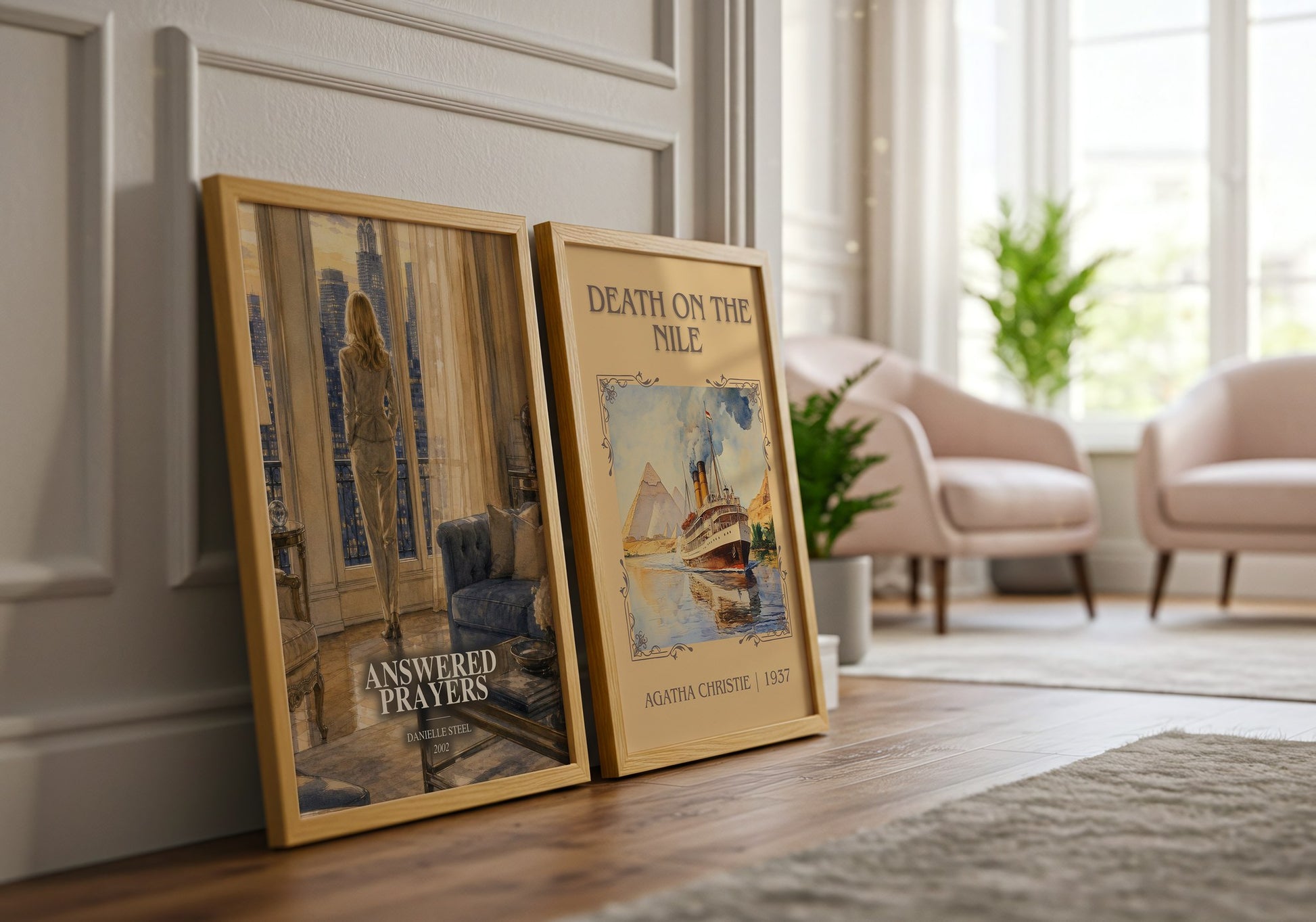 Answered Prayers watercolour print framed by window – literary home decor