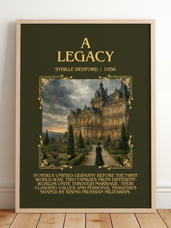 A Legacy Minimalist Book Poster by Sybille Bedford – framed print leaning on a wooden floor