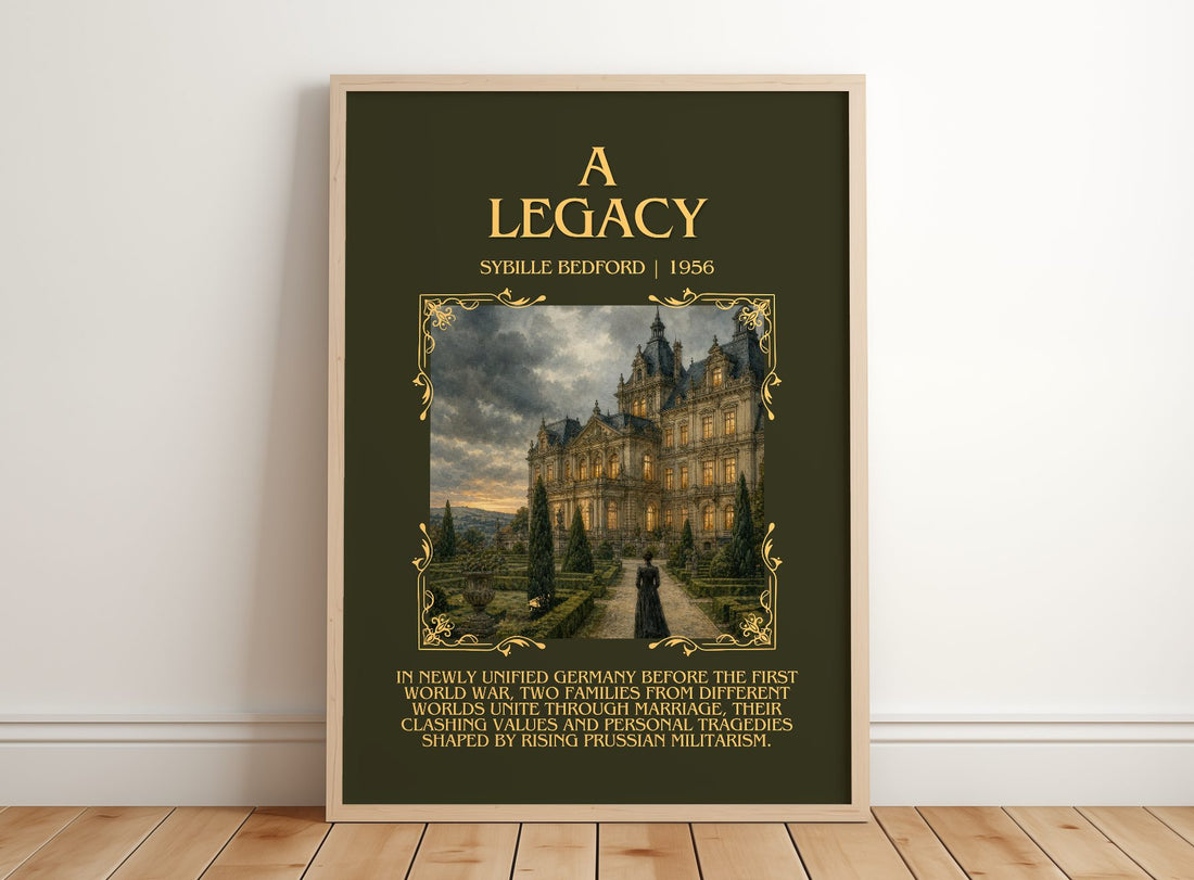 A Legacy Minimalist Book Poster by Sybille Bedford – framed print leaning on a wooden floor