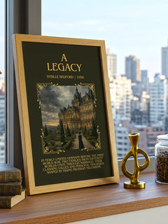 A Legacy Minimalist Book Poster by Sybille Bedford – framed print on a city-view windowsill