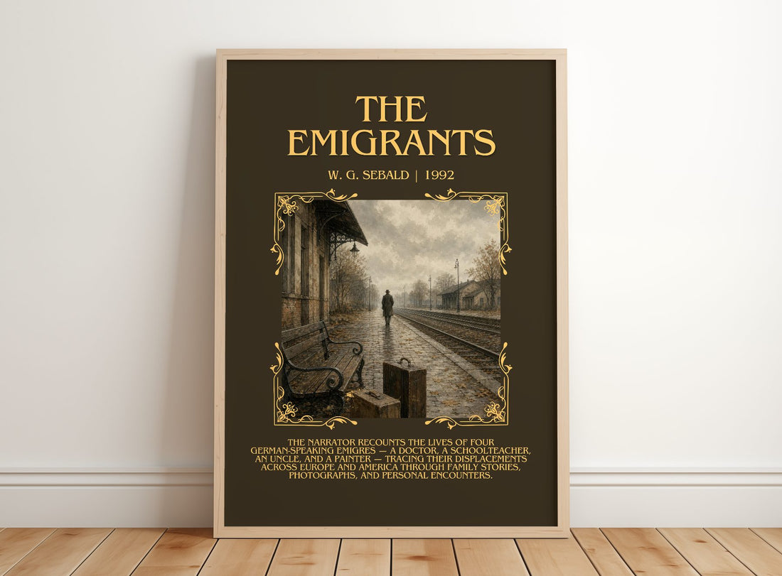 The Emigrants Minimalist Book Poster by W. G. Sebald – framed print leaning on a wooden floor