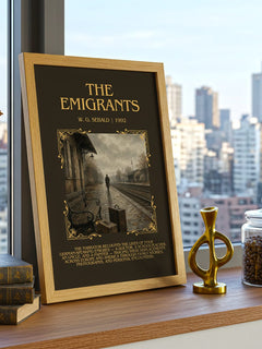 The Emigrants Minimalist Book Poster by W. G. Sebald – framed print on a city-view windowsill