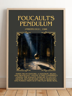 Foucault's Pendulum Minimalist Book Poster by Umberto Eco – framed print leaning on a wooden floor