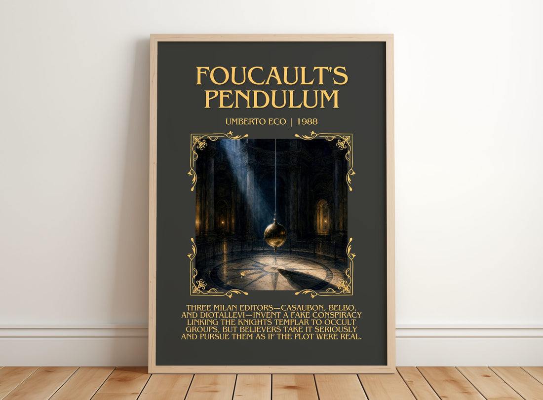 Foucault's Pendulum Minimalist Book Poster by Umberto Eco – framed print leaning on a wooden floor
