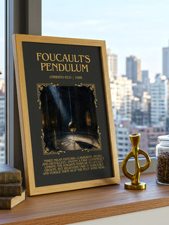 Foucault's Pendulum Minimalist Book Poster by Umberto Eco – framed print on a city-view windowsill