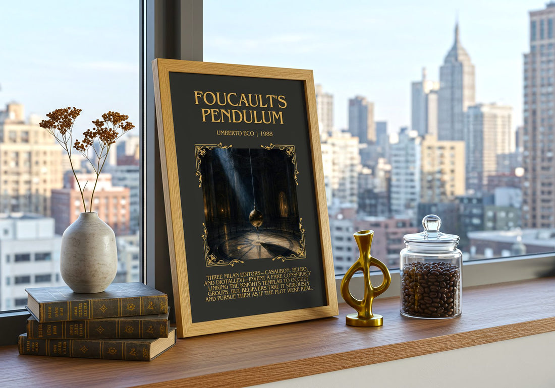 Foucault's Pendulum Minimalist Book Poster by Umberto Eco – framed print on a city-view windowsill