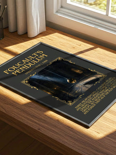 Foucault's Pendulum Minimalist Book Poster by Umberto Eco – print on a sunlit desk
