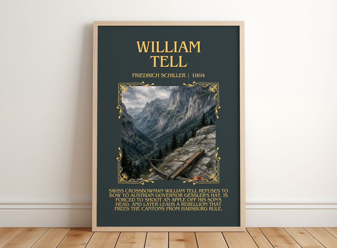 William Tell Minimalist Book Poster by Friedrich Schiller – framed print leaning on a wooden floor