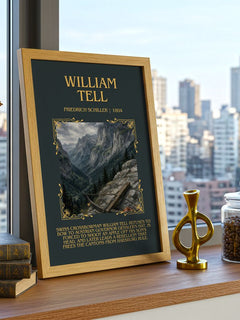 William Tell Minimalist Book Poster by Friedrich Schiller – framed print on a city-view windowsill