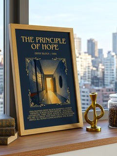 The Principle Of Hope Minimalist Book Poster by Ernst Bloch – framed print on a city-view windowsill