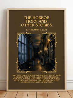 Horror Horn And Other Stories Minimalist Book Poster by E. F. Benson – framed print leaning on a wooden floor