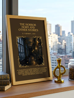 Horror Horn And Other Stories Minimalist Book Poster by E. F. Benson – framed print on a city-view windowsill