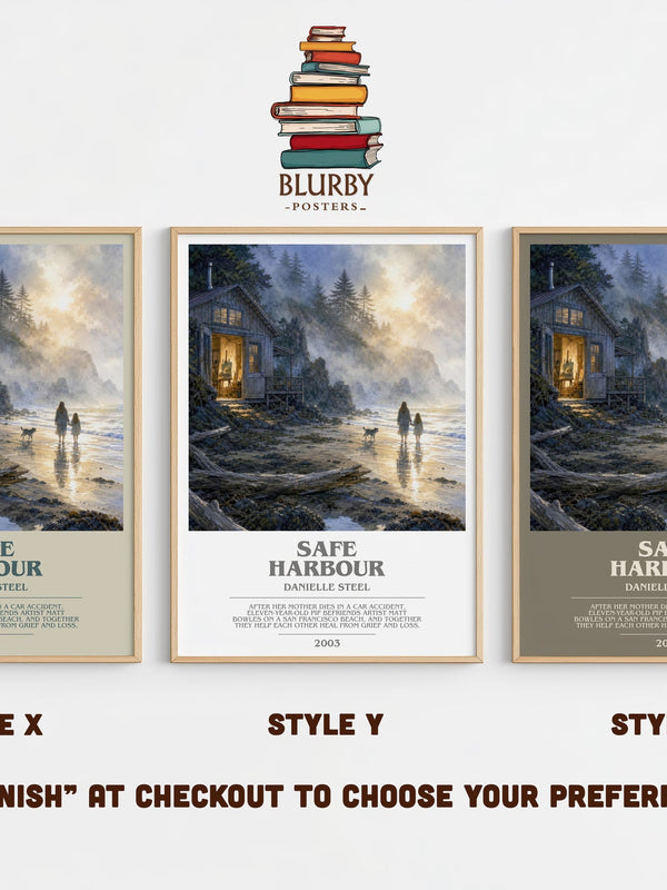 Safe Harbour bookish print in frame leaning in hallway – contemporary fiction wall art
