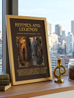 Rhymes And Legends Minimalist Book Poster by Gustavo Adolfo Bécquer – framed print on a city-view windowsill