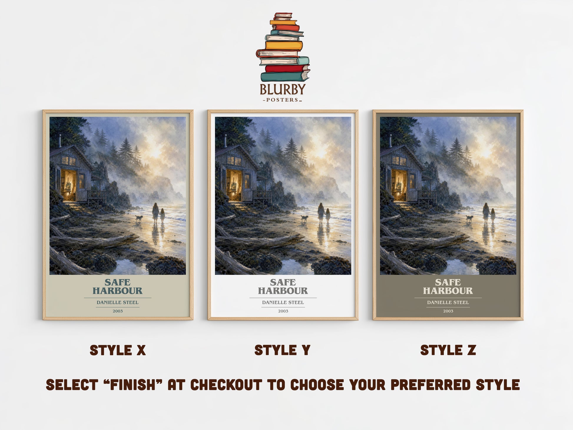 Safe Harbour book cover print in frame leaning in hallway – contemporary fiction wall art
