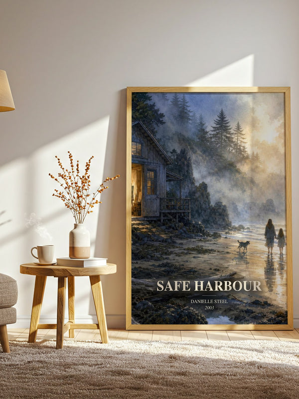 Safe Harbour watercolour print in frame leaning in hallway – contemporary fiction wall art