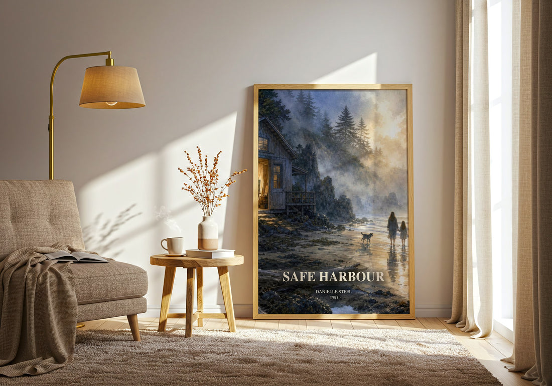 Safe Harbour watercolour print in frame leaning in hallway – contemporary fiction wall art (mockup)