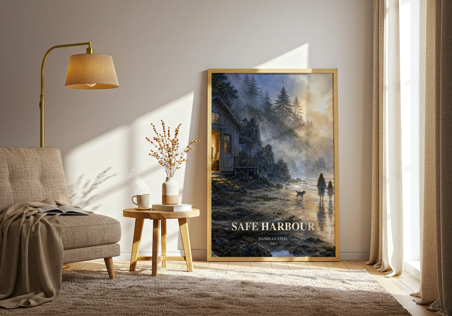 Safe Harbour watercolour print in frame leaning in hallway – contemporary fiction wall art