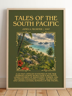Tales of the South Pacific Minimalist Book Poster by James A. Michener – framed print leaning on a wooden floor