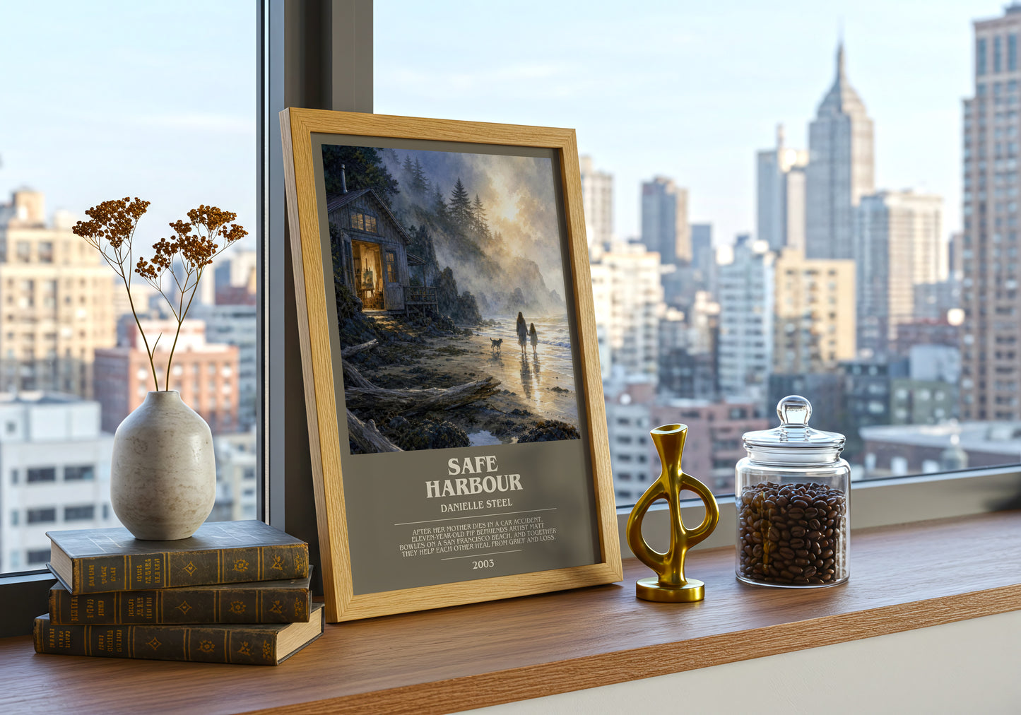 Safe Harbour bookish print framed by window – literary home decor