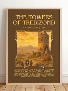 The Towers Of Trebizond Minimalist Book Poster by Rose Macauley – framed print leaning on a wooden floor