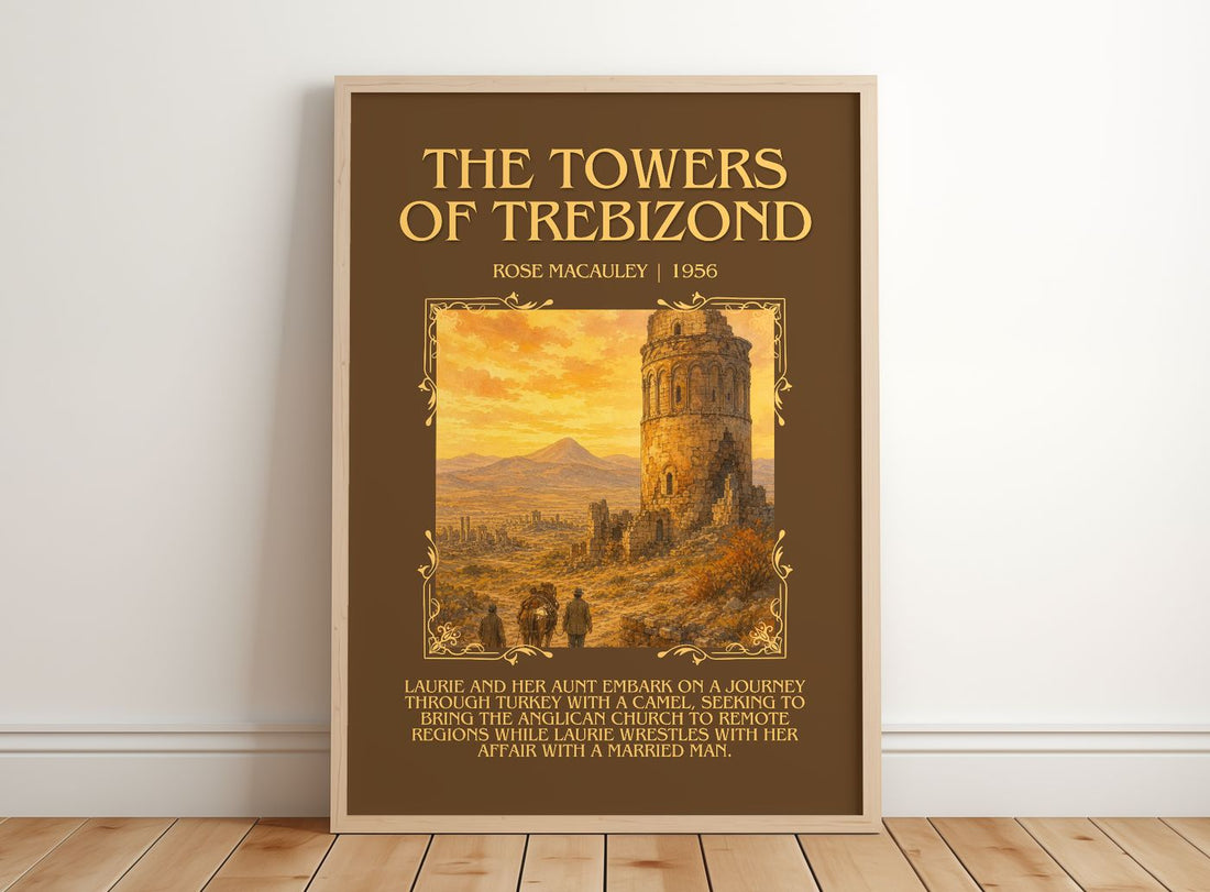 The Towers Of Trebizond Minimalist Book Poster by Rose Macauley – framed print leaning on a wooden floor