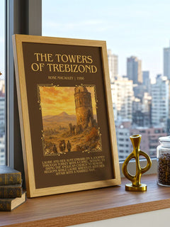 The Towers Of Trebizond Minimalist Book Poster by Rose Macauley – framed print on a city-view windowsill