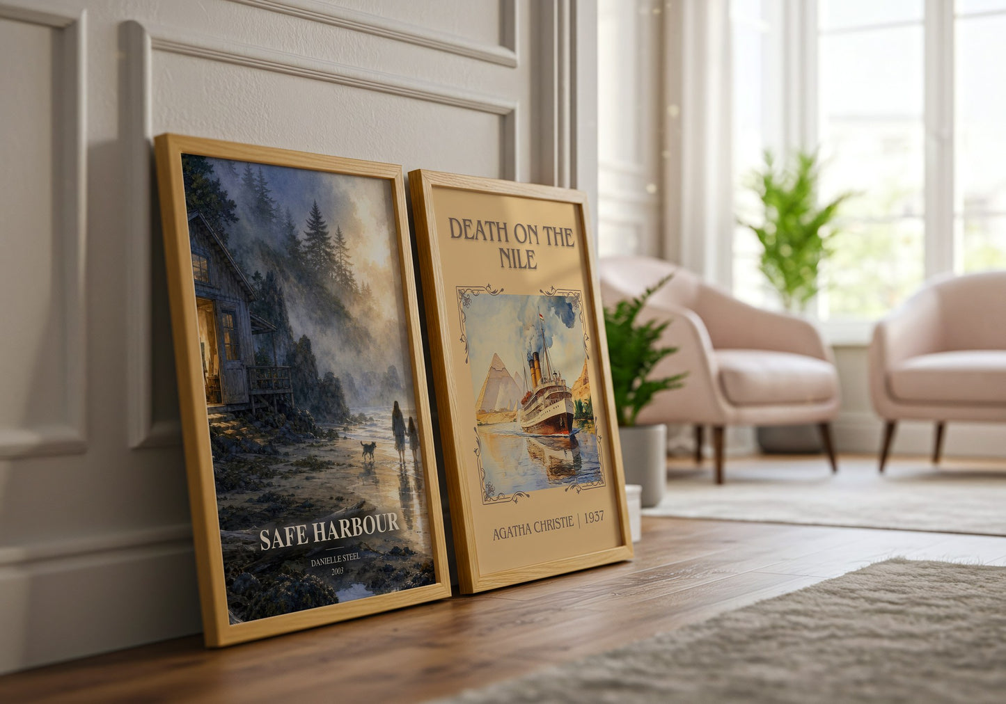Safe Harbour watercolour print framed by window – literary home decor
