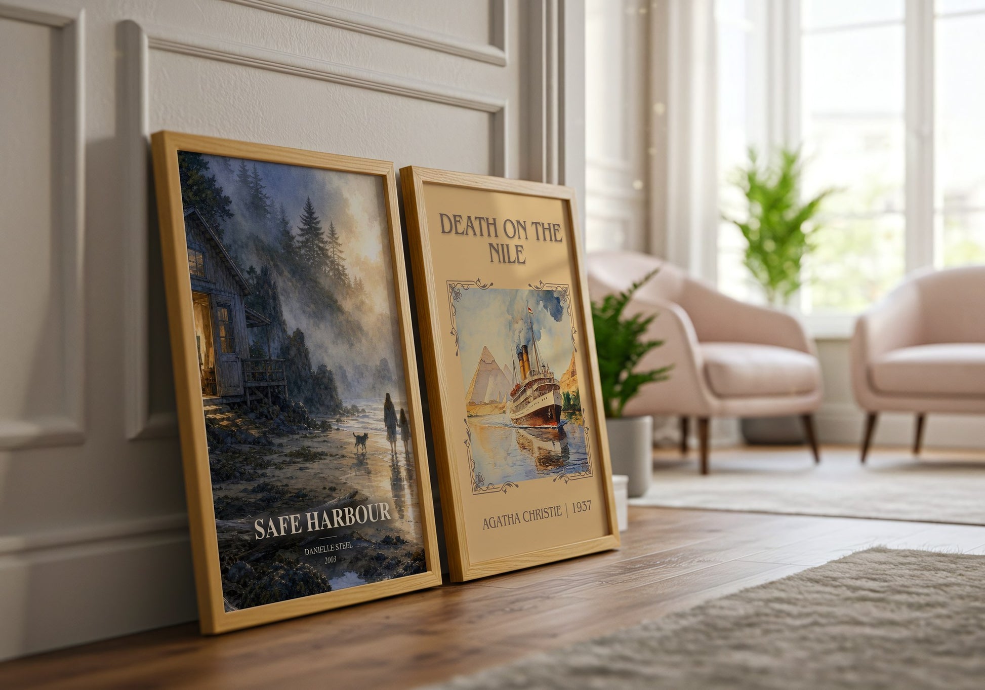 Safe Harbour watercolour print framed by window – literary home decor