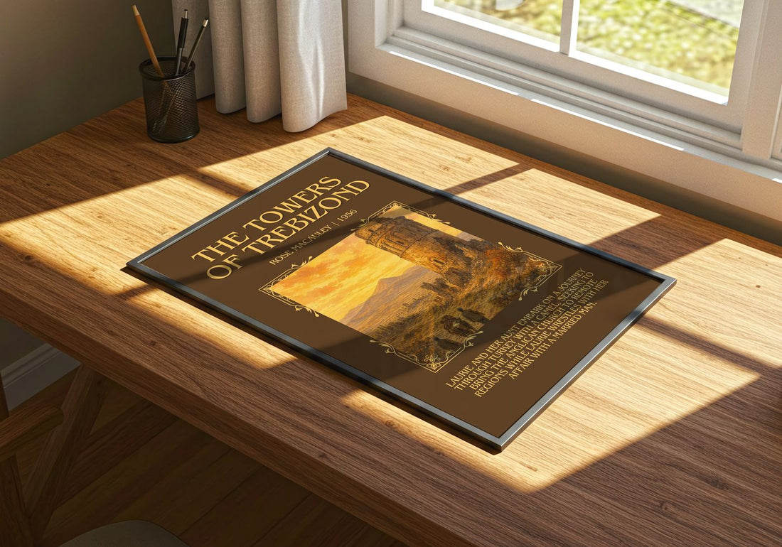 The Towers Of Trebizond Minimalist Book Poster by Rose Macauley – print on a sunlit desk