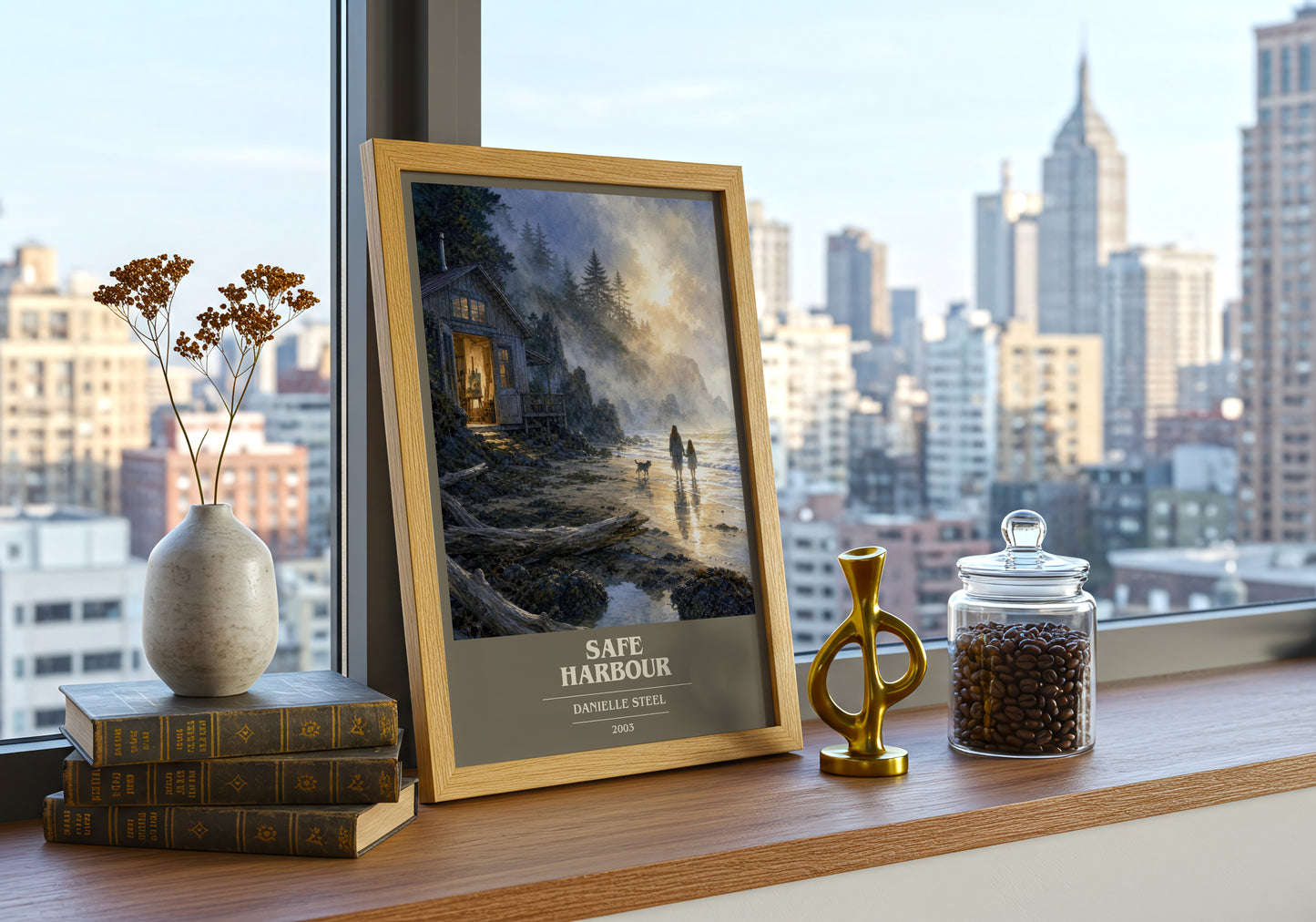 Safe Harbour book cover print framed by window – literary home decor