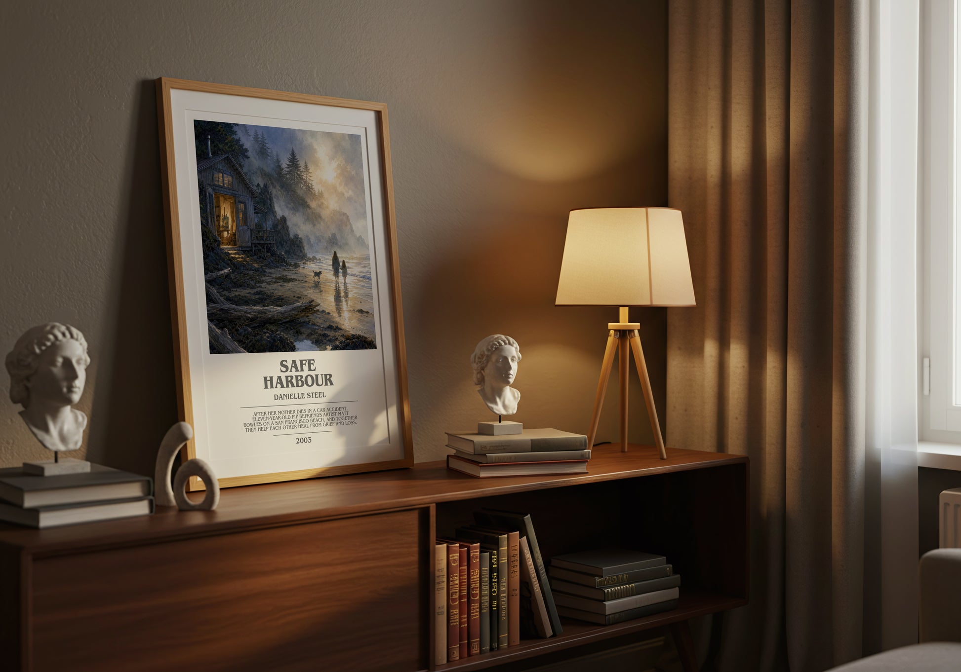 Safe Harbour bookish book poster framed on wall – contemporary fiction wall art