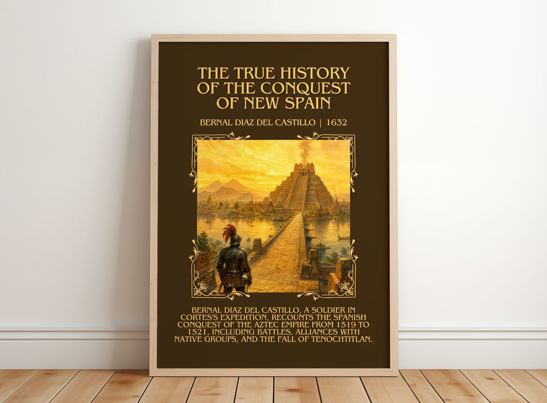 The True History of the Conquest of New Spain Minimalist Book Poster by Bernal Díaz del Castillo – framed print leaning on a wooden floor
