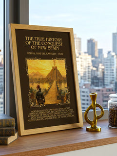 The True History of the Conquest of New Spain Minimalist Book Poster by Bernal Díaz del Castillo – framed print on a city-view windowsill