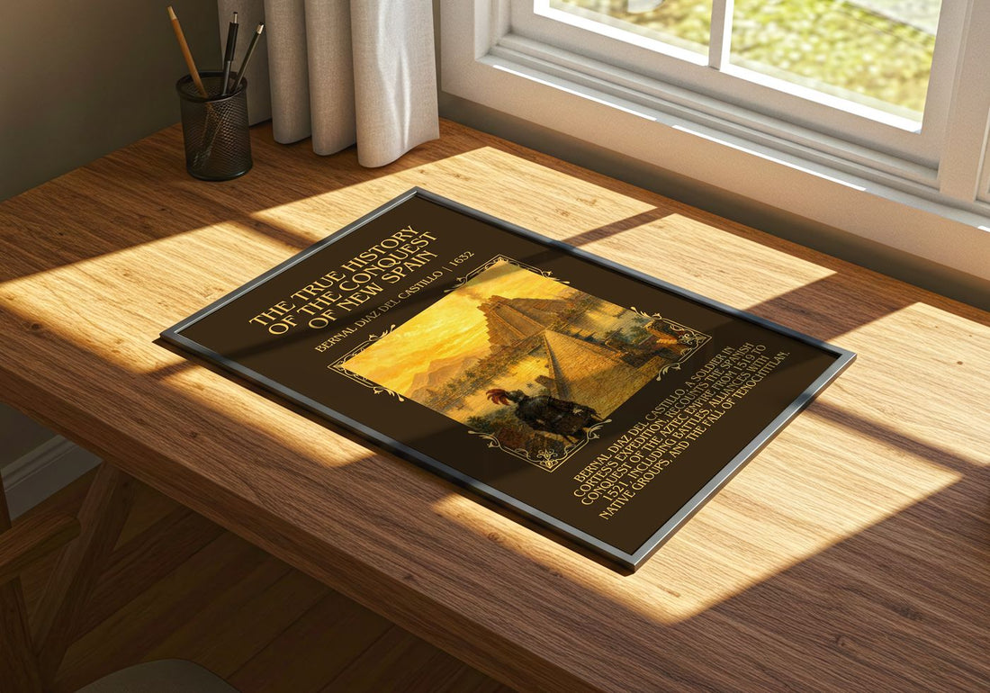 The True History of the Conquest of New Spain Minimalist Book Poster by Bernal Díaz del Castillo – print on a sunlit desk