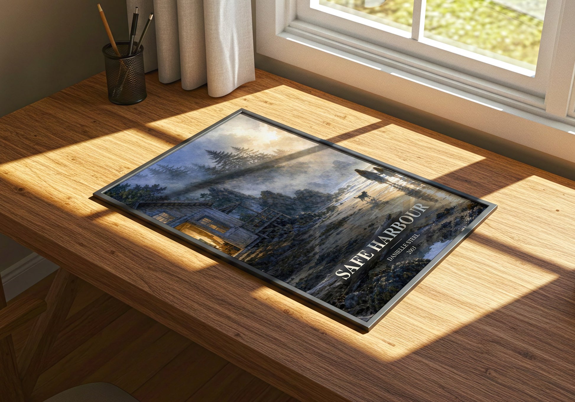 Safe Harbour watercolour book poster framed on wall – contemporary fiction wall art