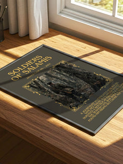Soldiers of Salamis Minimalist Book Poster by Javier Cercas – print on a sunlit desk