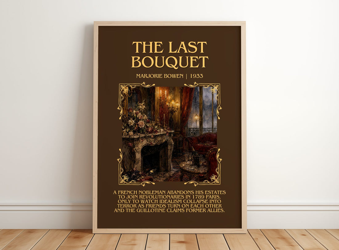 The Last Bouquet Minimalist Book Poster by Marjorie Bowen – framed print leaning on a wooden floor