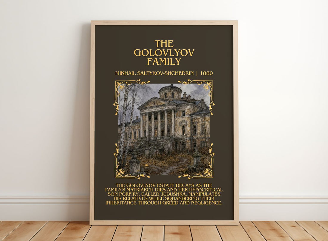 Golovlyov Family Minimalist Book Poster by Mikhail Saltykov-Shchedrin – framed print leaning on a wooden floor