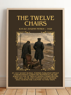 The Twelve Chairs Minimalist Book Poster by Ilya Ilf, Evgeniy Petrov – framed print leaning on a wooden floor