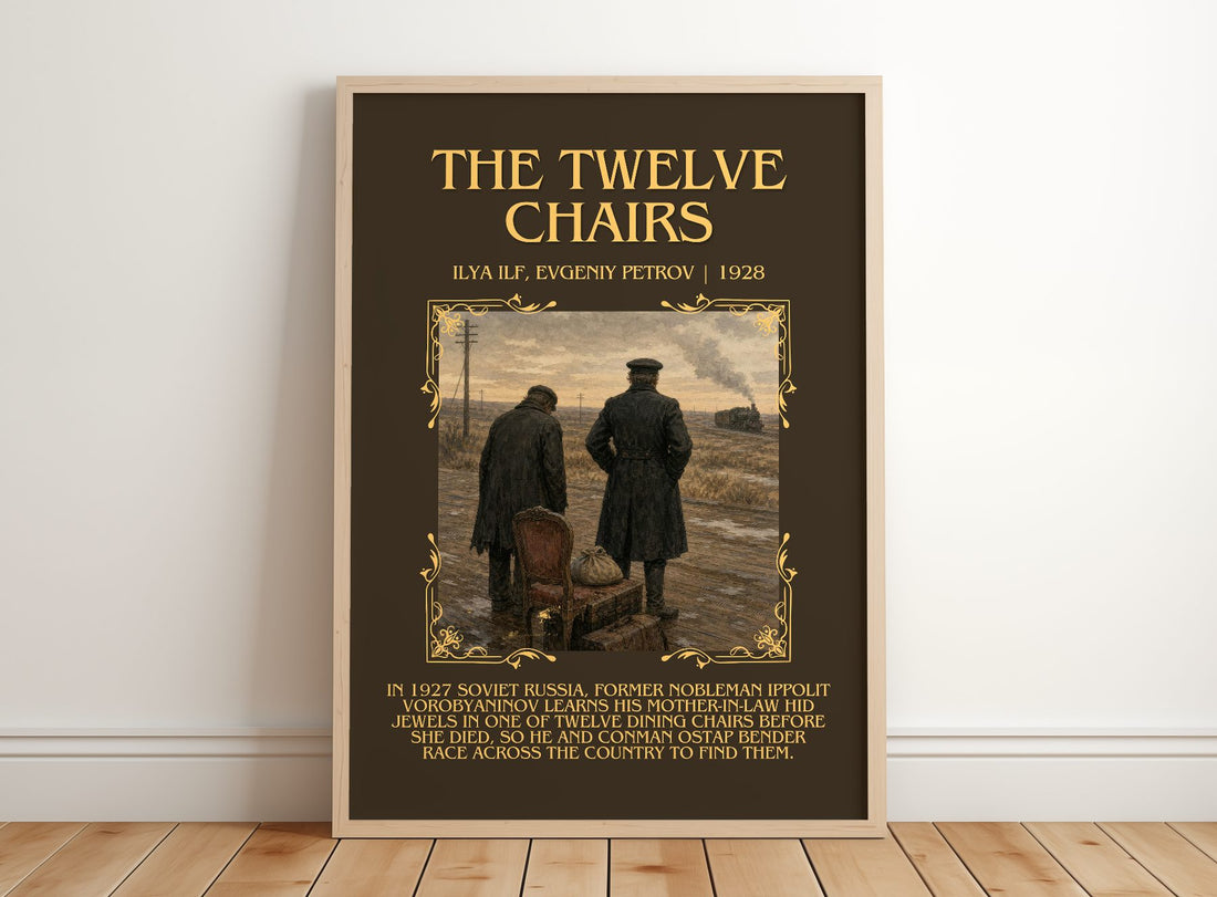 The Twelve Chairs Minimalist Book Poster by Ilya Ilf, Evgeniy Petrov – framed print leaning on a wooden floor