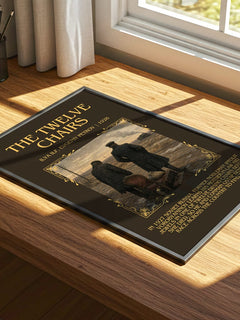 The Twelve Chairs Minimalist Book Poster by Ilya Ilf, Evgeniy Petrov – print on a sunlit desk