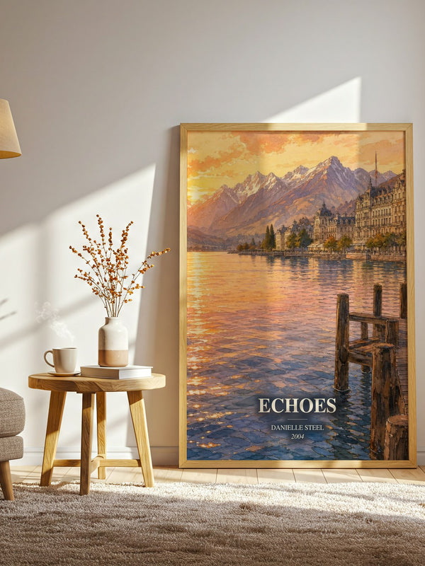 Echoes watercolour print in frame leaning in hallway – historical fiction wall art