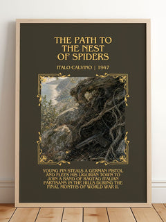 Path to the Nest of Spiders Minimalist Book Poster by Italo Calvino – framed print leaning on a wooden floor
