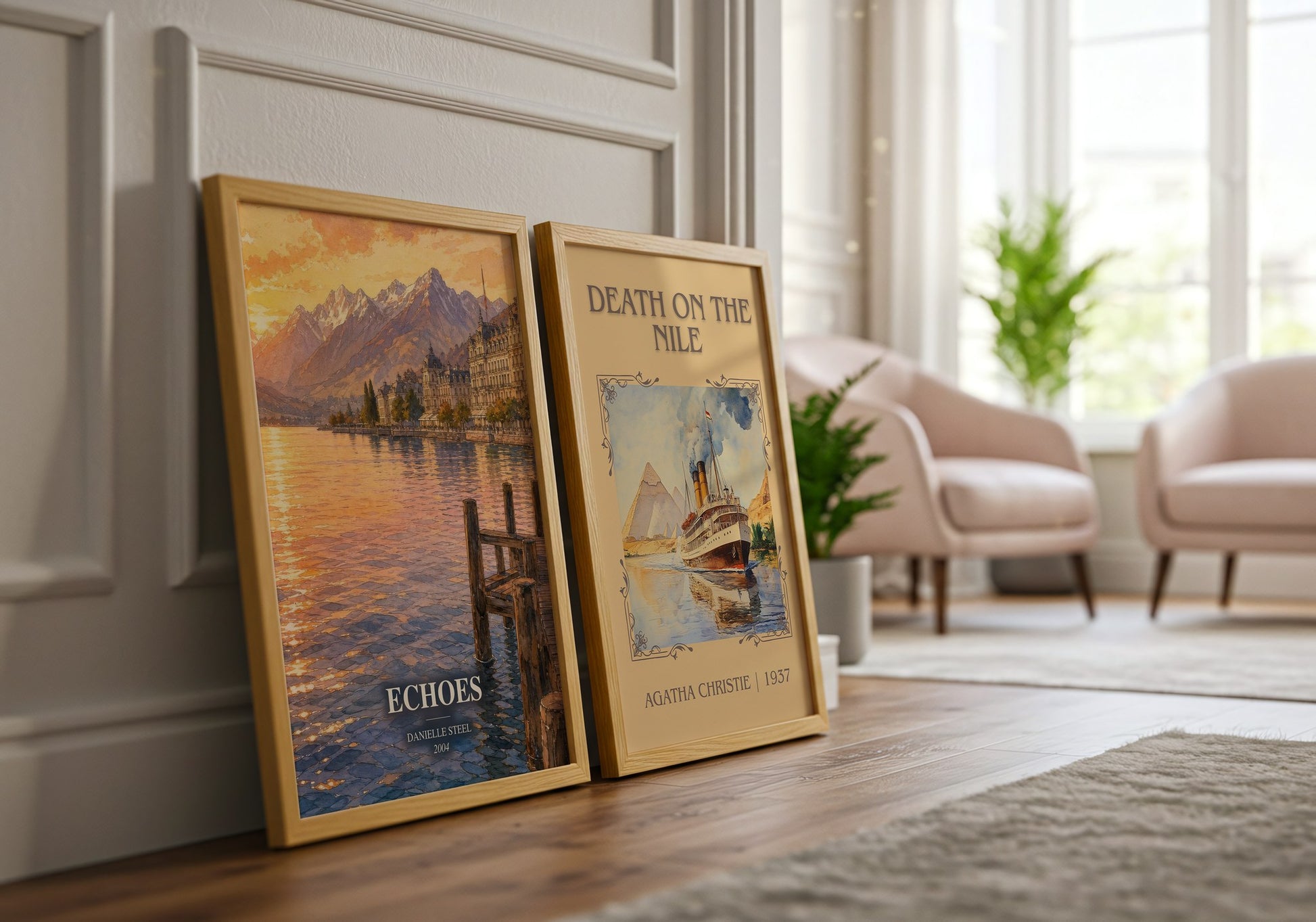 Echoes watercolour print framed by window – literary home decor