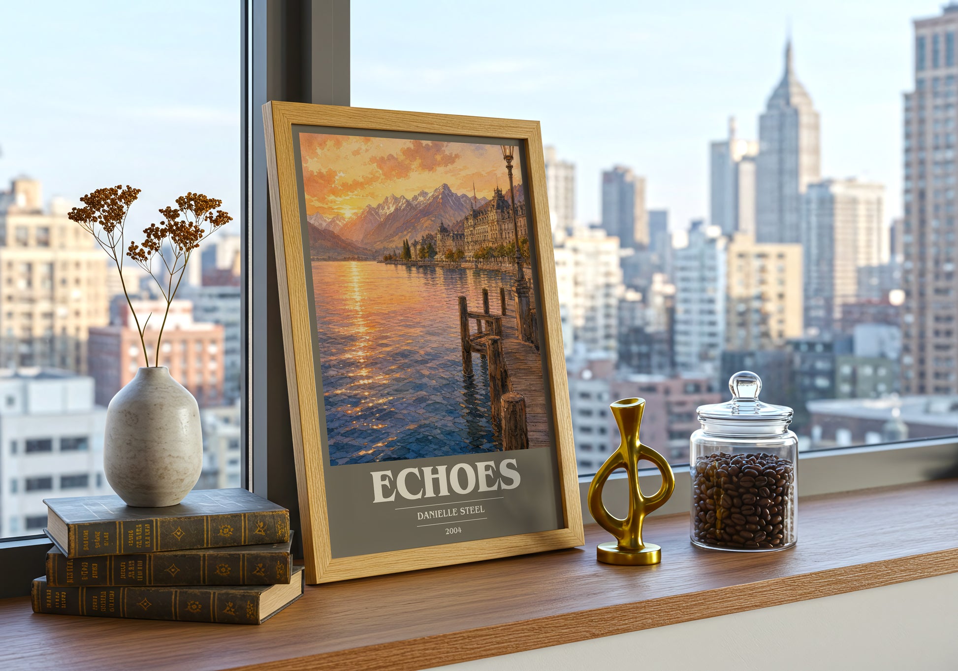 Echoes book cover print framed by window – literary home decor