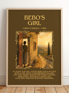 Bébo's Girl Minimalist Book Poster by Carlo Cassola – framed print leaning on a wooden floor