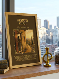 Bébo's Girl Minimalist Book Poster by Carlo Cassola – framed print on a city-view windowsill