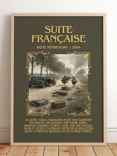 Suite Française Minimalist Book Poster by Irène Némirovsky – framed print leaning on a wooden floor